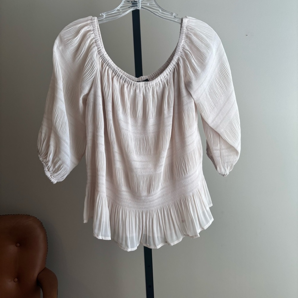 Express White Puff Sleeve Cream Blouse with‎ Pleated Details